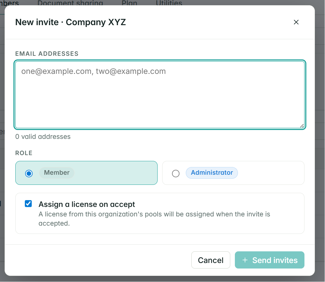 New invite modal