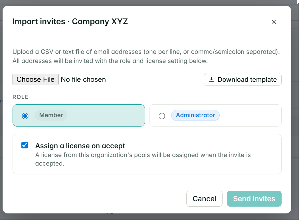 CSV import modal