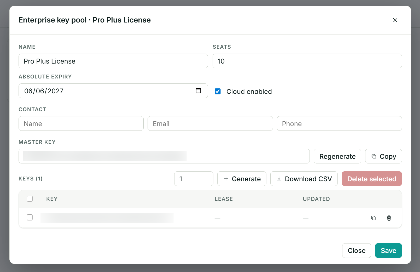 Enterprise key pool modal